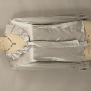 High Quality Silver Silk Blouse Classy Classic by Alfani Neck Tie Hidden Buttons